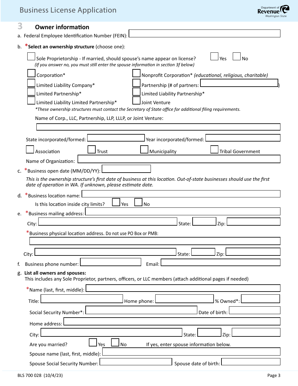 Form BLS700 028 Business License Application - Washington, Page 3