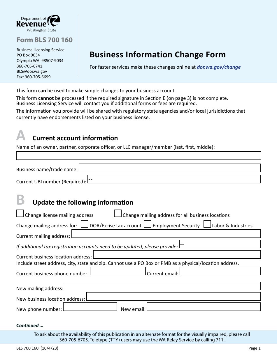 Form BLS700 160 Business Information Change Form - Washington, Page 1
