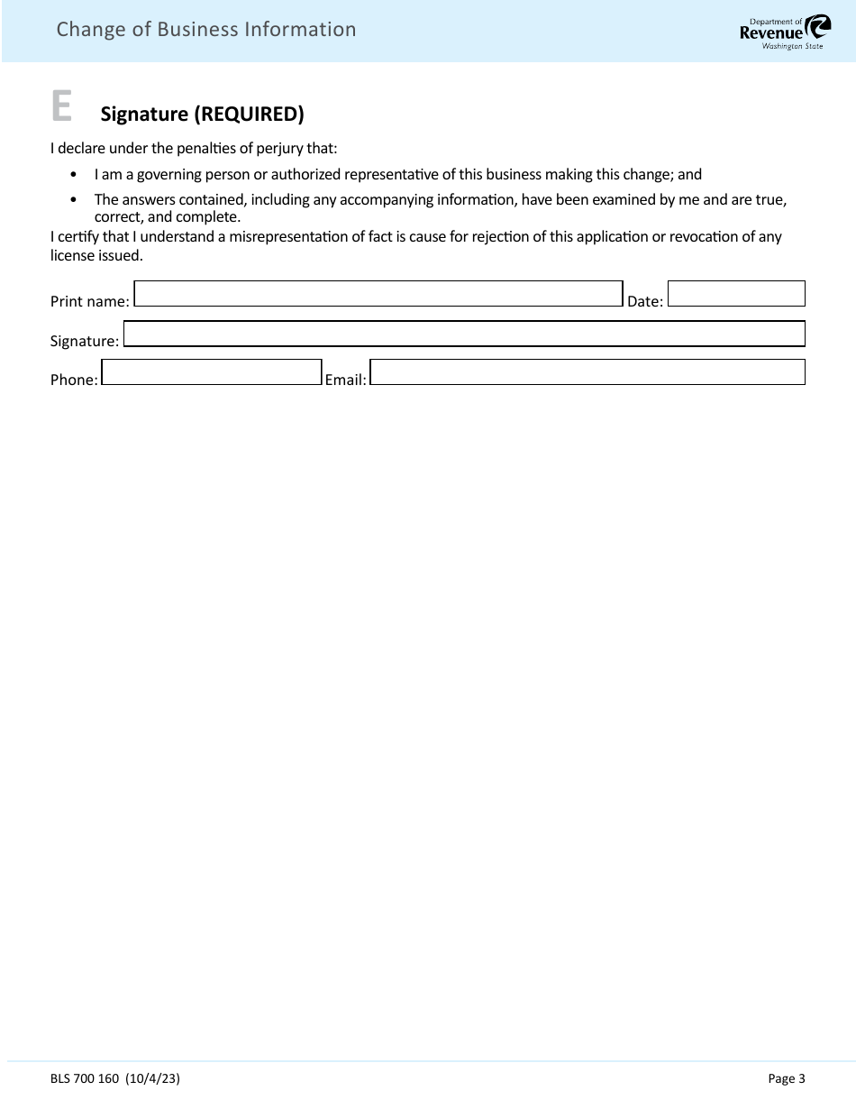 Form BLS700 160 Business Information Change Form - Washington, Page 3