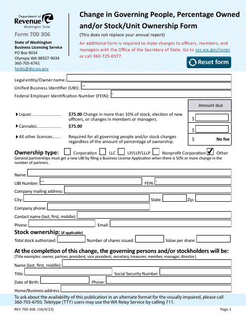 Form 700 306 Change in Governing People, Percentage Owned and/or Stock/Unit Ownership Form - Washington