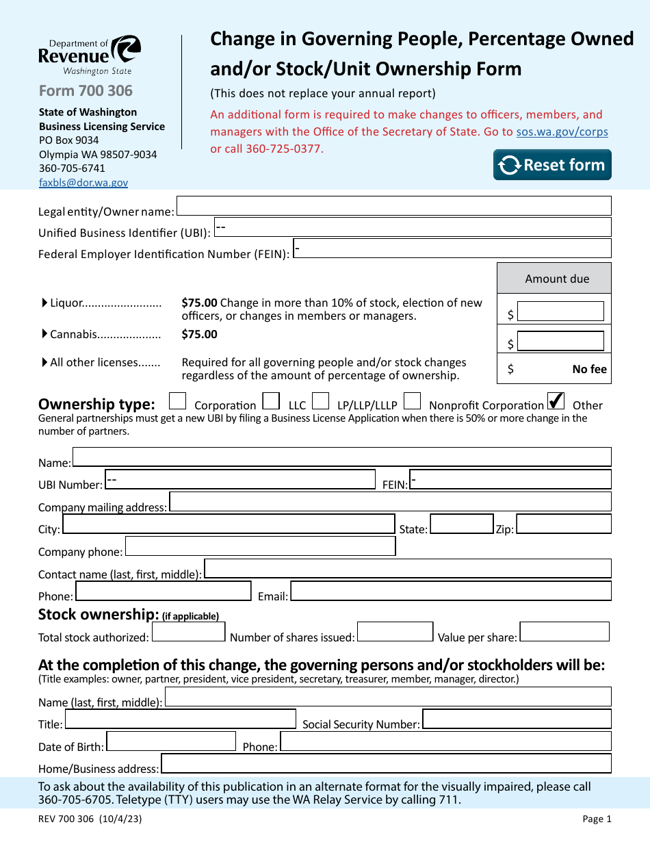 Form 700 306 Change in Governing People, Percentage Owned and / or Stock / Unit Ownership Form - Washington, Page 1