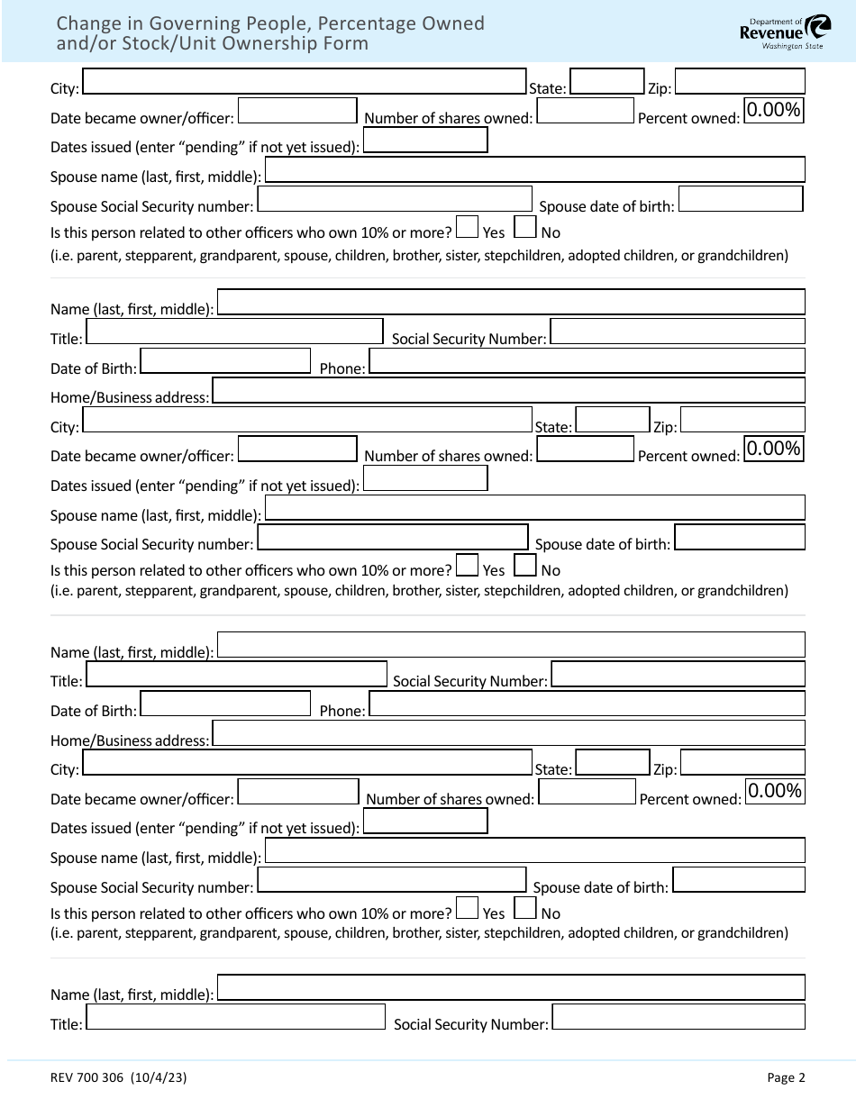 Form 700 306 Change in Governing People, Percentage Owned and / or Stock / Unit Ownership Form - Washington, Page 2