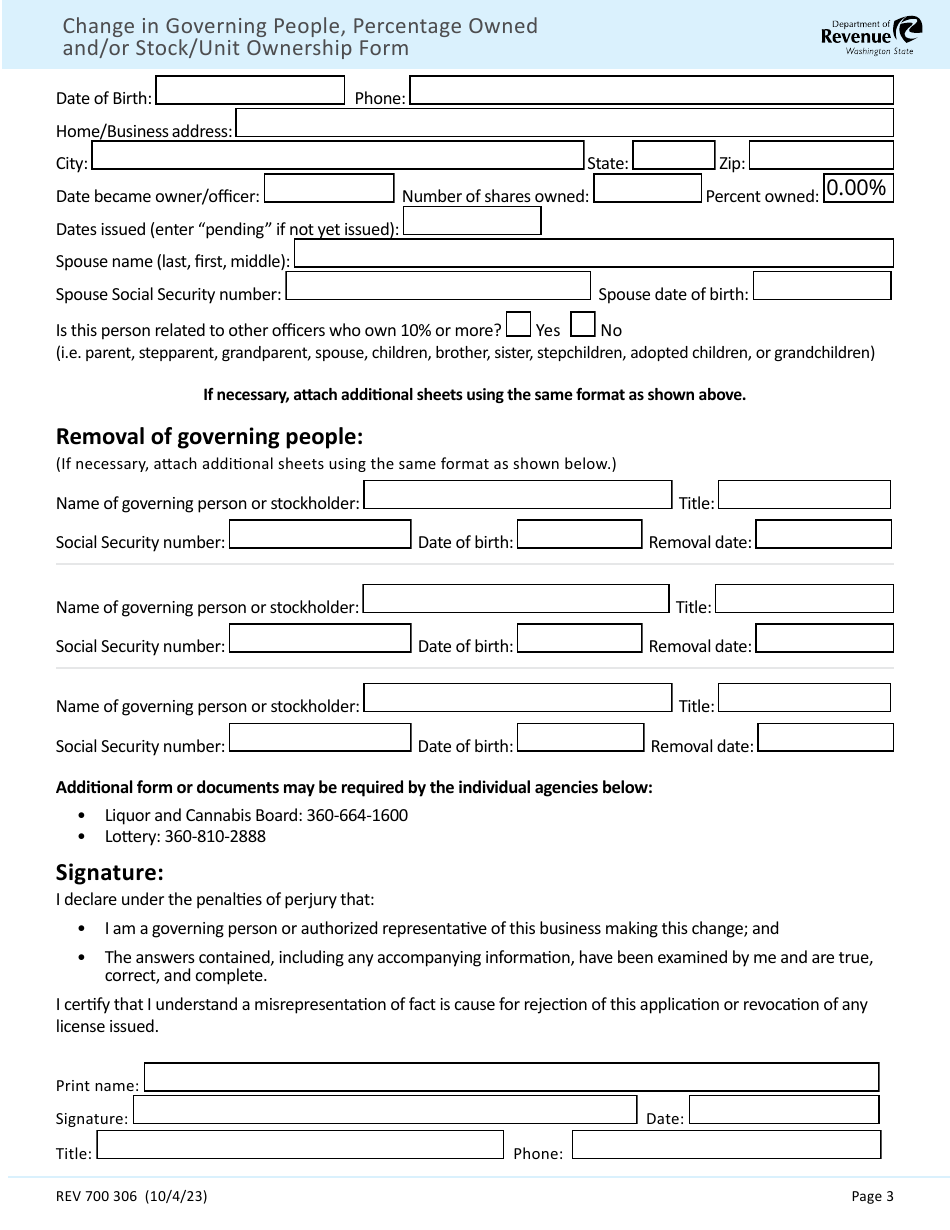 Form 700 306 Change in Governing People, Percentage Owned and / or Stock / Unit Ownership Form - Washington, Page 3