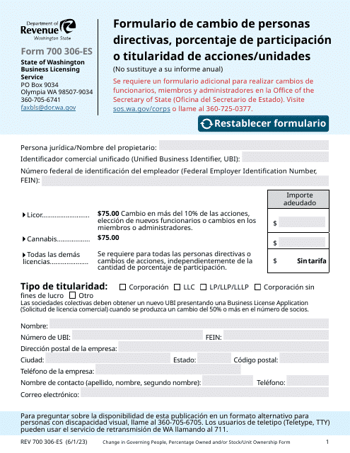 Formulario 700 306-ES Formulario De Cambio De Personas Directivas, Porcentaje De Participacion O Titularidad De Acciones/Unidades - Washington (Spanish)
