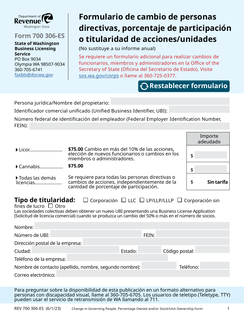 Formulario 700 306-ES Formulario De Cambio De Personas Directivas, Porcentaje De Participacion O Titularidad De Acciones / Unidades - Washington (Spanish), Page 1