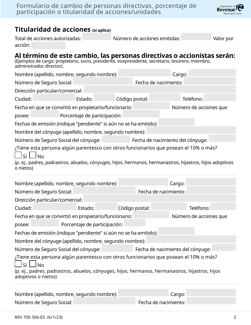 Formulario 700 306-ES Formulario De Cambio De Personas Directivas, Porcentaje De Participacion O Titularidad De Acciones / Unidades - Washington (Spanish), Page 2