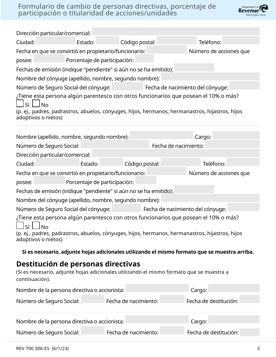 Formulario 700 306-ES Formulario De Cambio De Personas Directivas, Porcentaje De Participacion O Titularidad De Acciones / Unidades - Washington (Spanish), Page 3