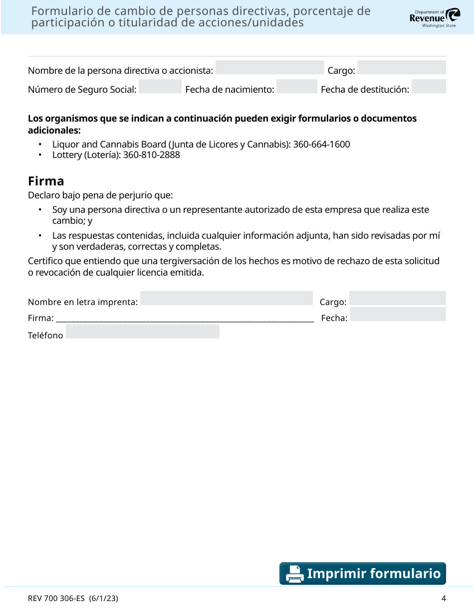 Formulario 700 306-ES Formulario De Cambio De Personas Directivas, Porcentaje De Participacion O Titularidad De Acciones / Unidades - Washington (Spanish), Page 4