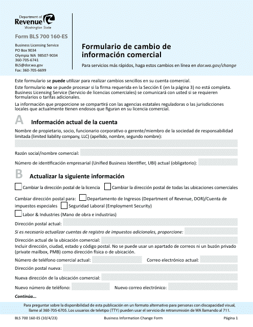 Formulario BLS700 160-ES Formulario De Cambio De Informacion Comercial - Washington (Spanish)