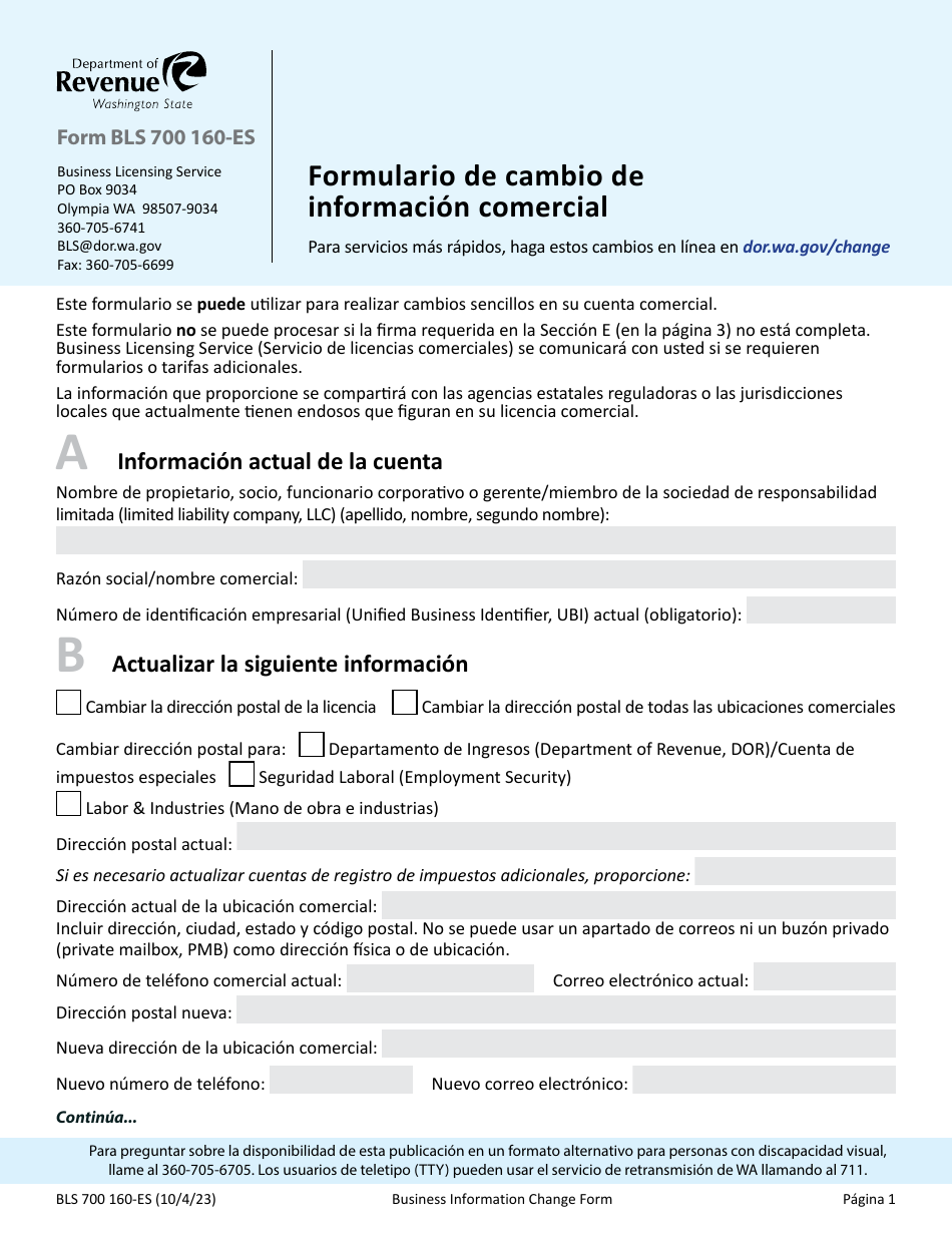 Formulario BLS700 160-ES Formulario De Cambio De Informacion Comercial - Washington (Spanish), Page 1