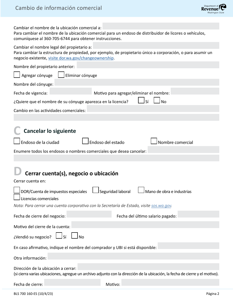 Formulario BLS700 160-ES Formulario De Cambio De Informacion Comercial - Washington (Spanish), Page 2