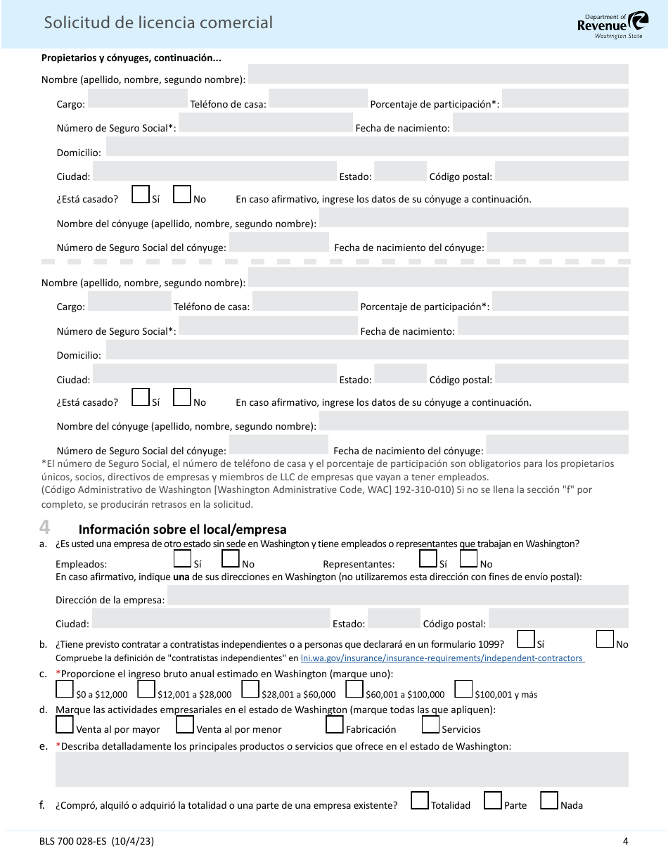 Form BLS700 028ES Solicitud De Licencia Comercial - Washington, Page 4
