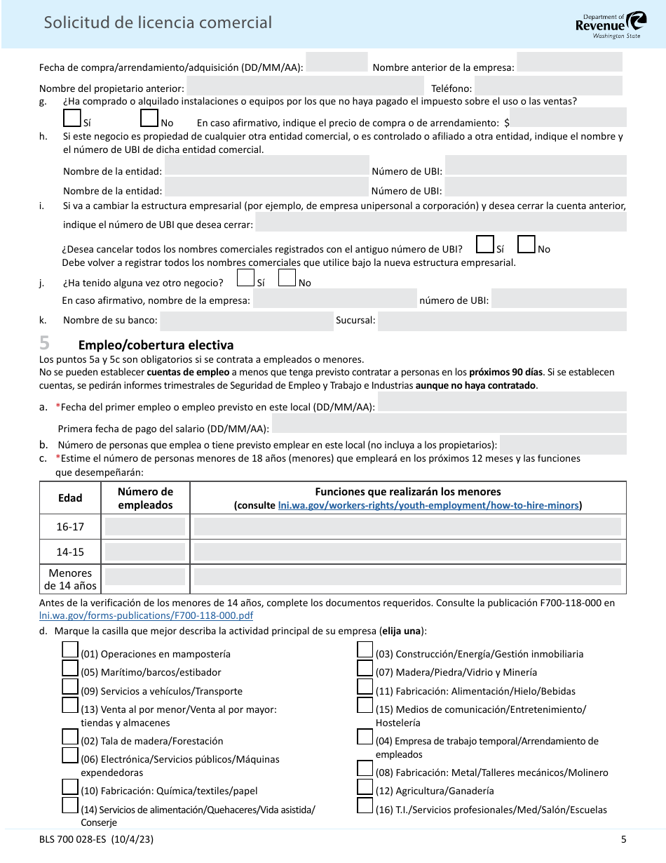 Form BLS700 028ES Solicitud De Licencia Comercial - Washington, Page 5