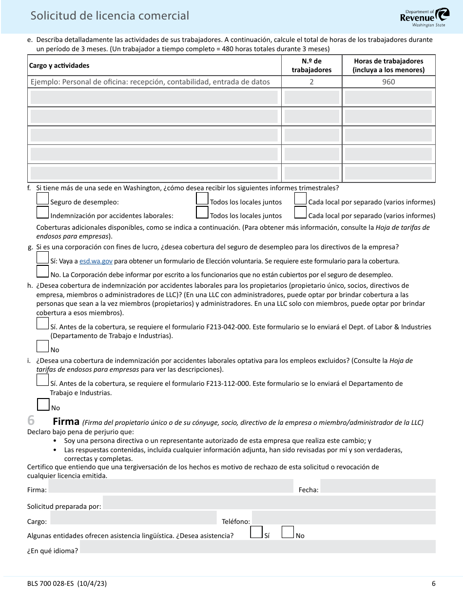 Form BLS700 028ES Solicitud De Licencia Comercial - Washington, Page 6