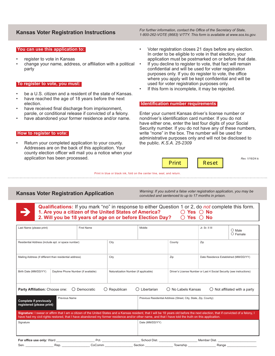 Kansas Voter Registration Application - Kansas, Page 1