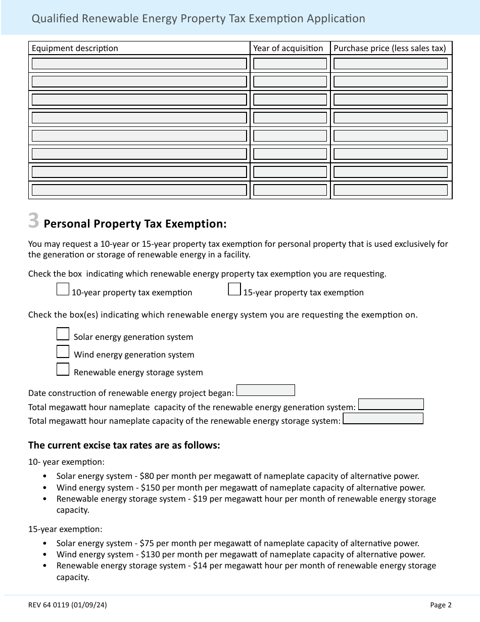 Form 64 0119 Qualified Renewable Energy Property Tax Exemption Application - Washington, Page 2