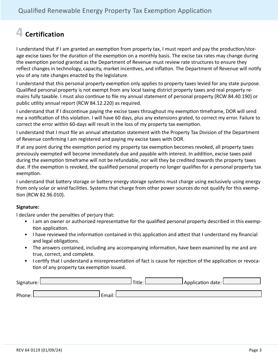 Form 64 0119 Qualified Renewable Energy Property Tax Exemption Application - Washington, Page 3