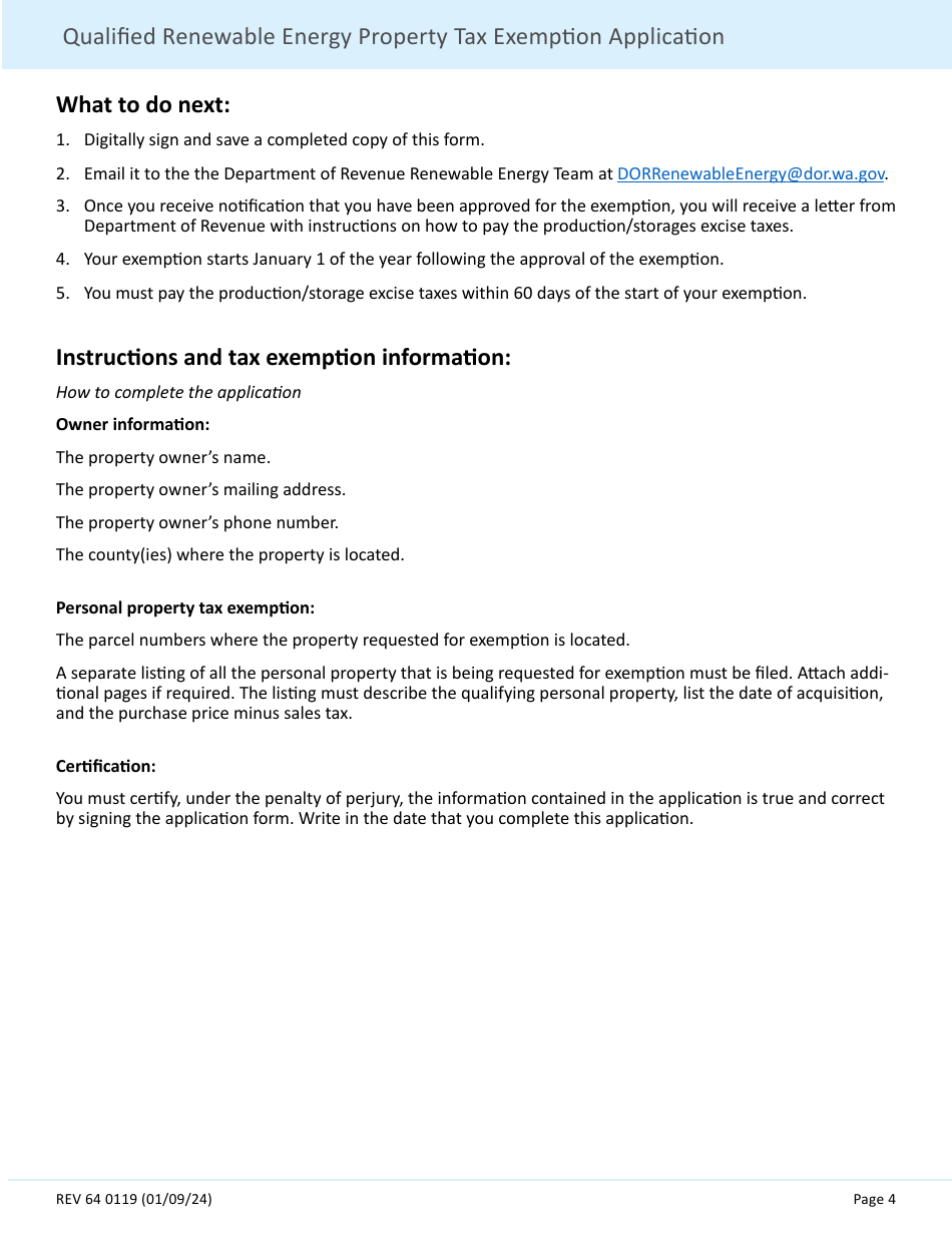 Form 64 0119 Qualified Renewable Energy Property Tax Exemption Application - Washington, Page 4