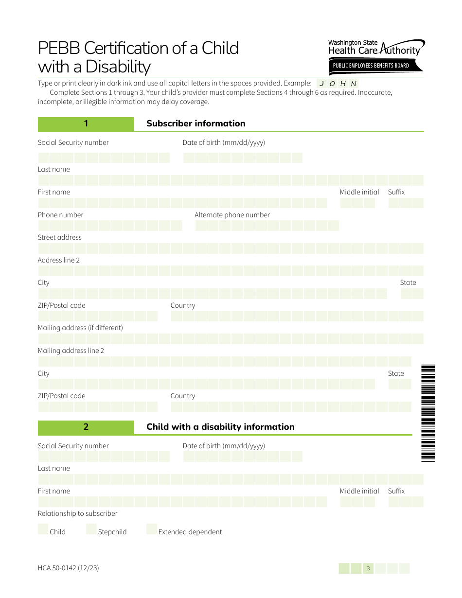 Form HCA50-0142 Pebb Certification of a Child With a Disability - Washington, Page 3