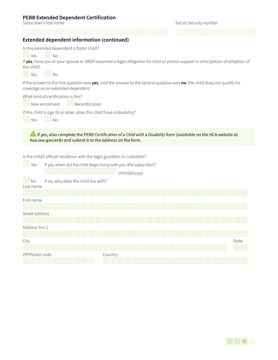 Form HCA50-0500 Pebb Extended Dependent Certification - Washington, Page 3