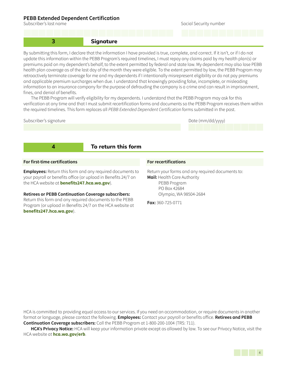 Form HCA50-0500 Pebb Extended Dependent Certification - Washington, Page 4