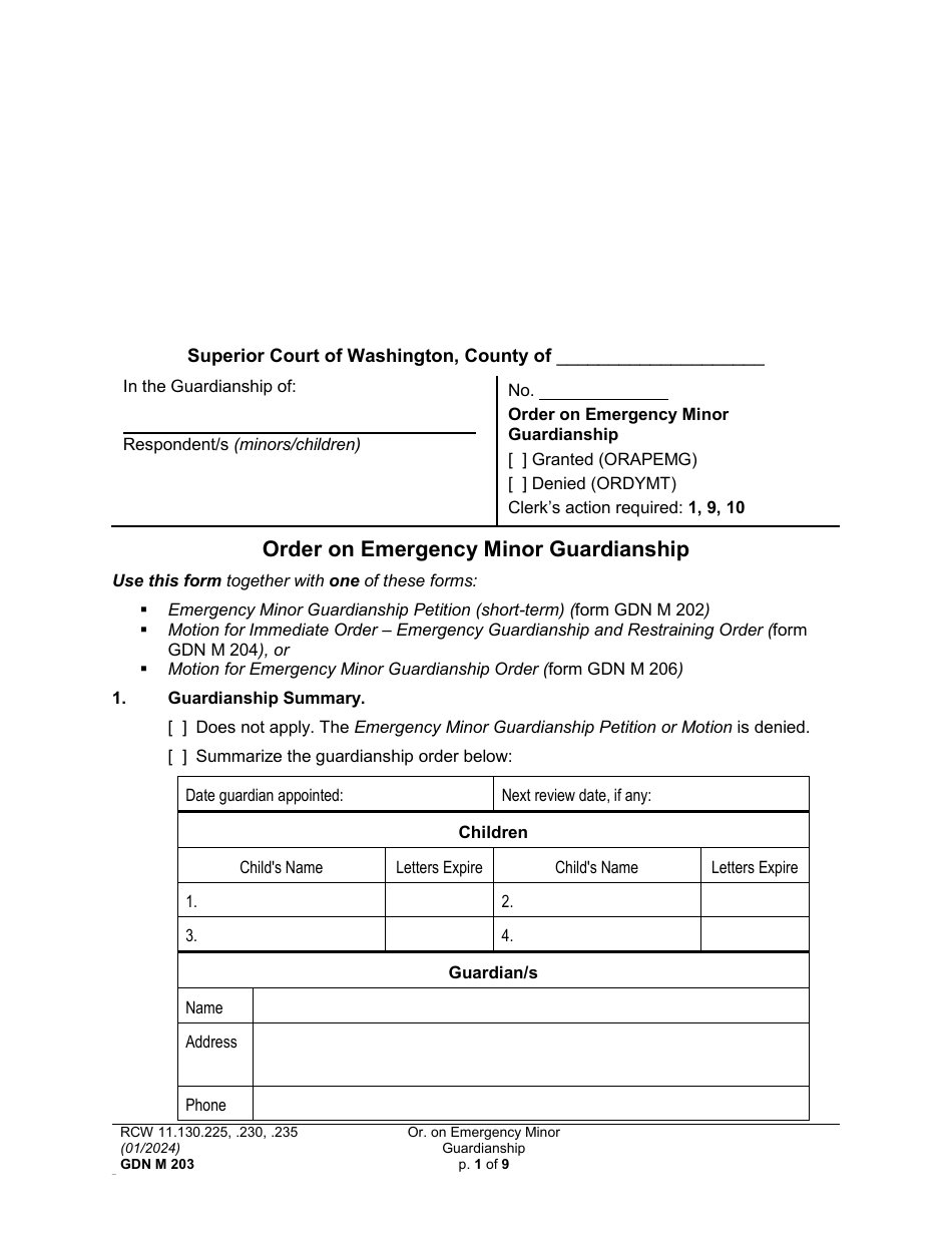 Form GDN M203 Order on Emergency Minor Guardianship - Washington, Page 1