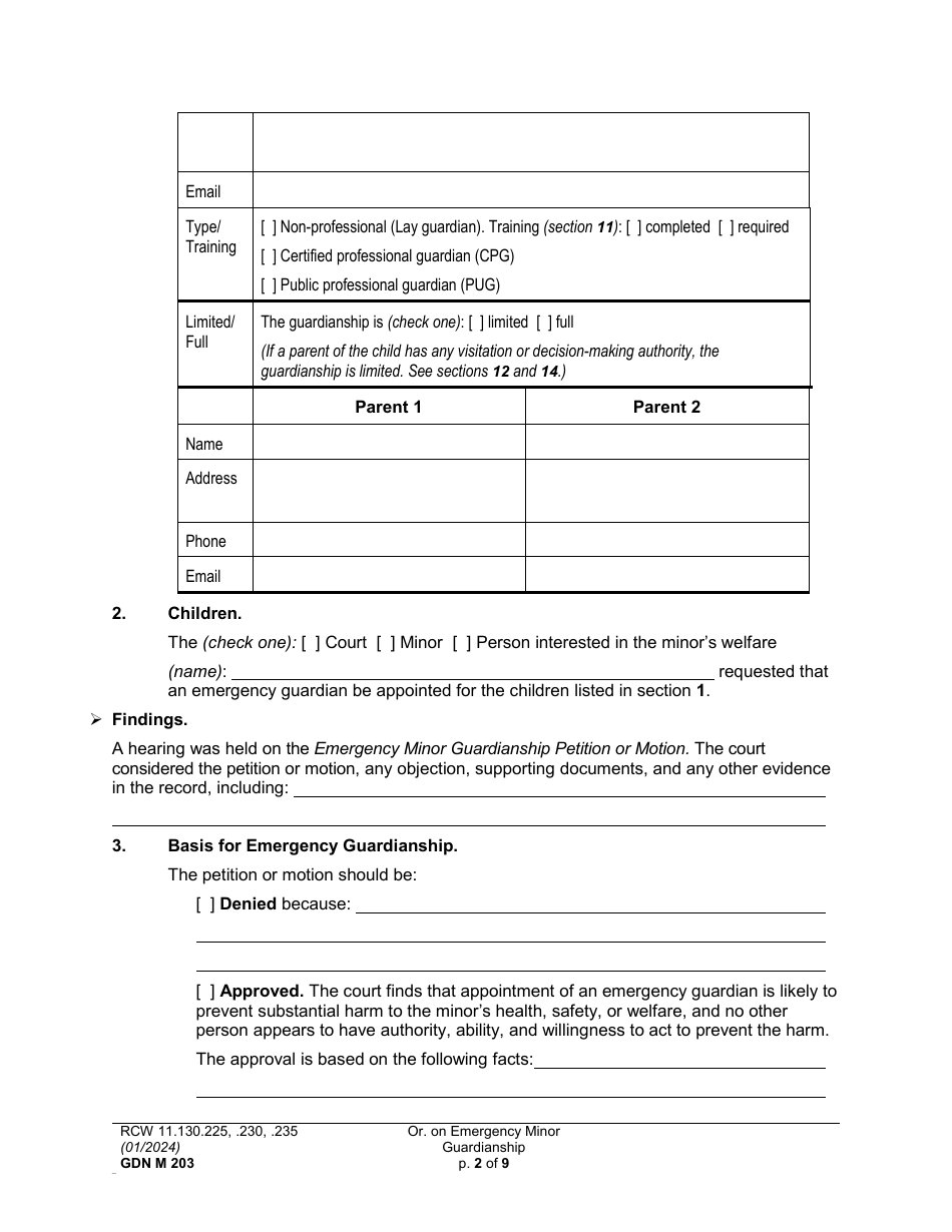 Form GDN M203 Order on Emergency Minor Guardianship - Washington, Page 2