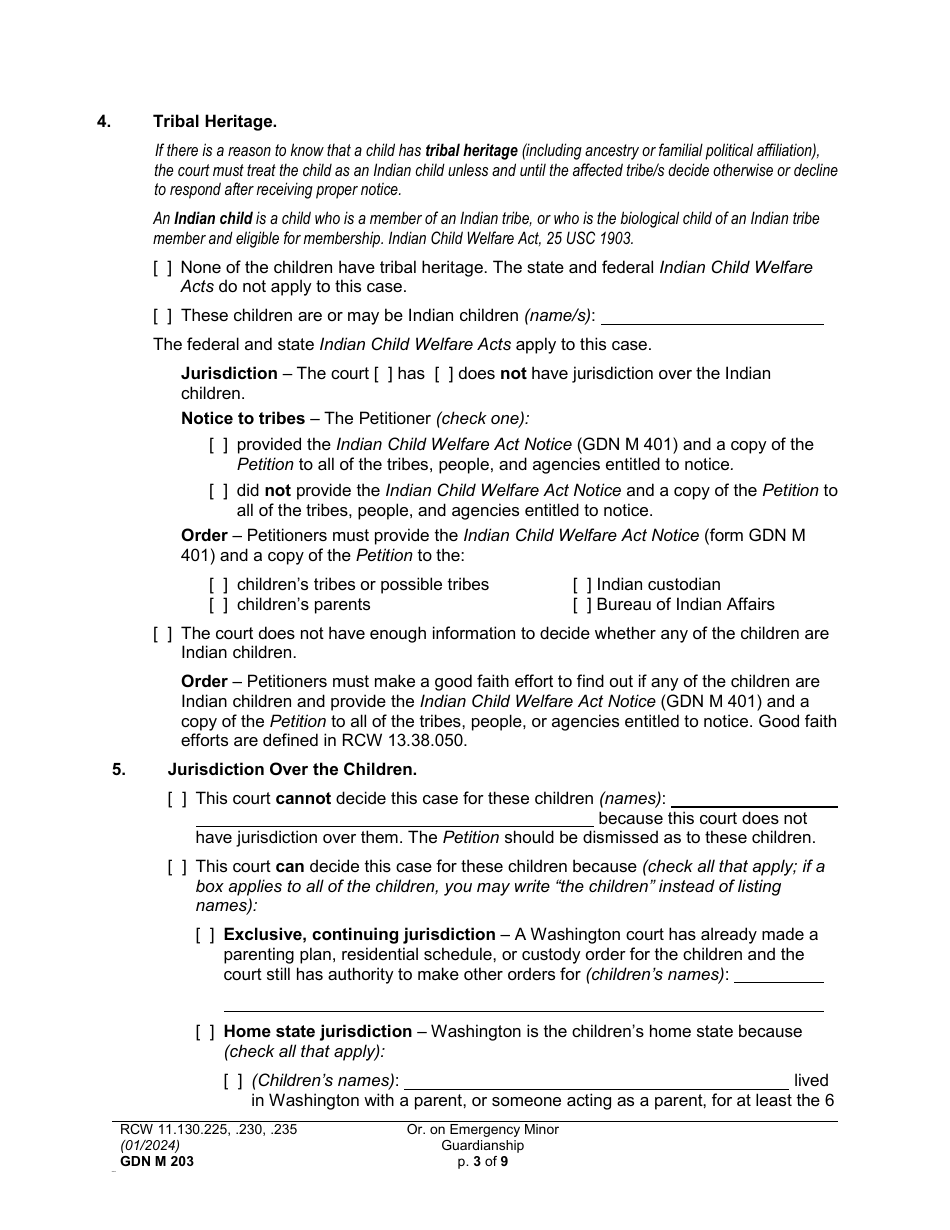 Form GDN M203 Order on Emergency Minor Guardianship - Washington, Page 3