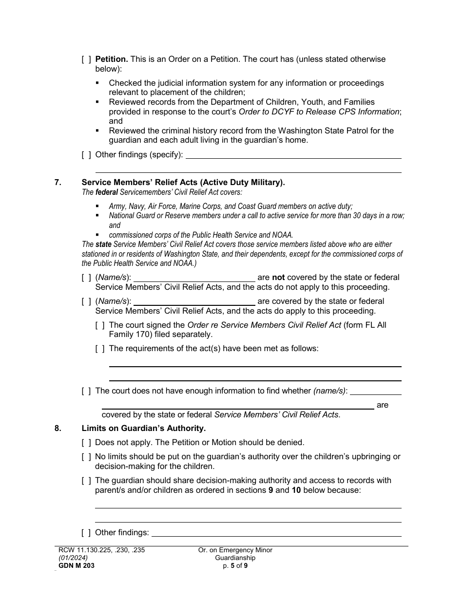 Form GDN M203 Order on Emergency Minor Guardianship - Washington, Page 5