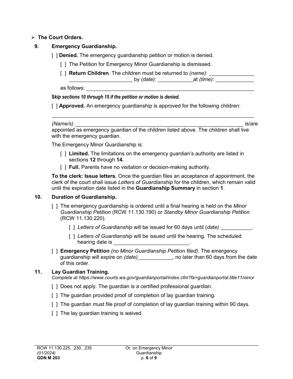 Form GDN M203 Order on Emergency Minor Guardianship - Washington, Page 6