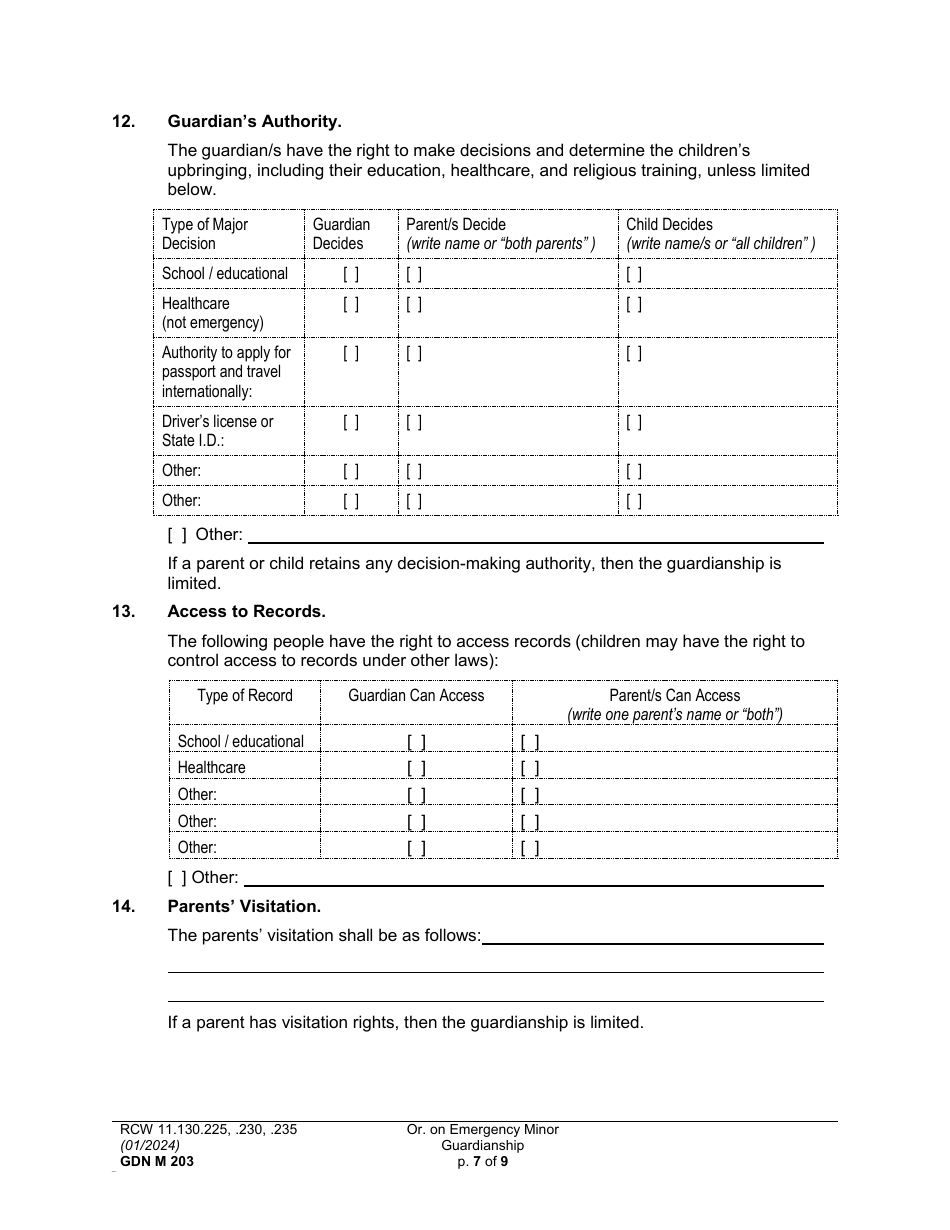 Form GDN M203 Order on Emergency Minor Guardianship - Washington, Page 7