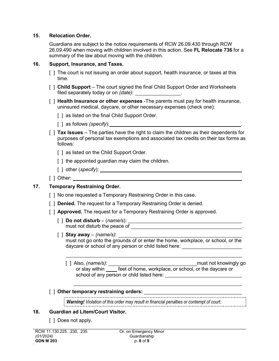 Form GDN M203 Order on Emergency Minor Guardianship - Washington, Page 8
