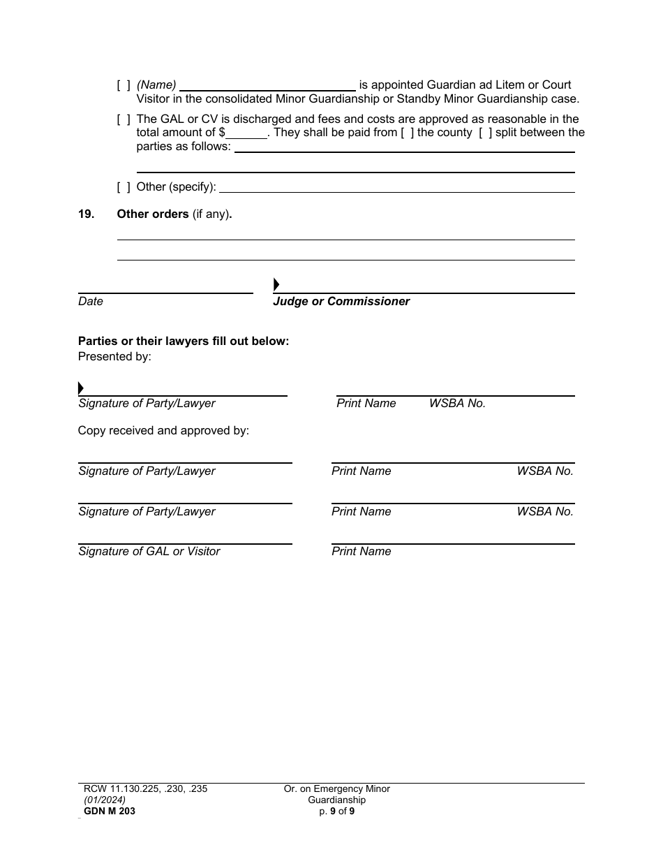 Form GDN M203 Order on Emergency Minor Guardianship - Washington, Page 9