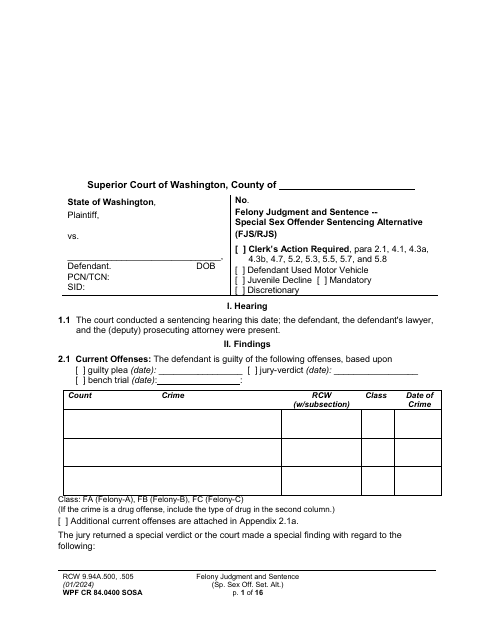 Form WPF CR84.0400 SOSA Felony Judgment and Sentence - Special Sex Offender Sentencing Alternative - Washington