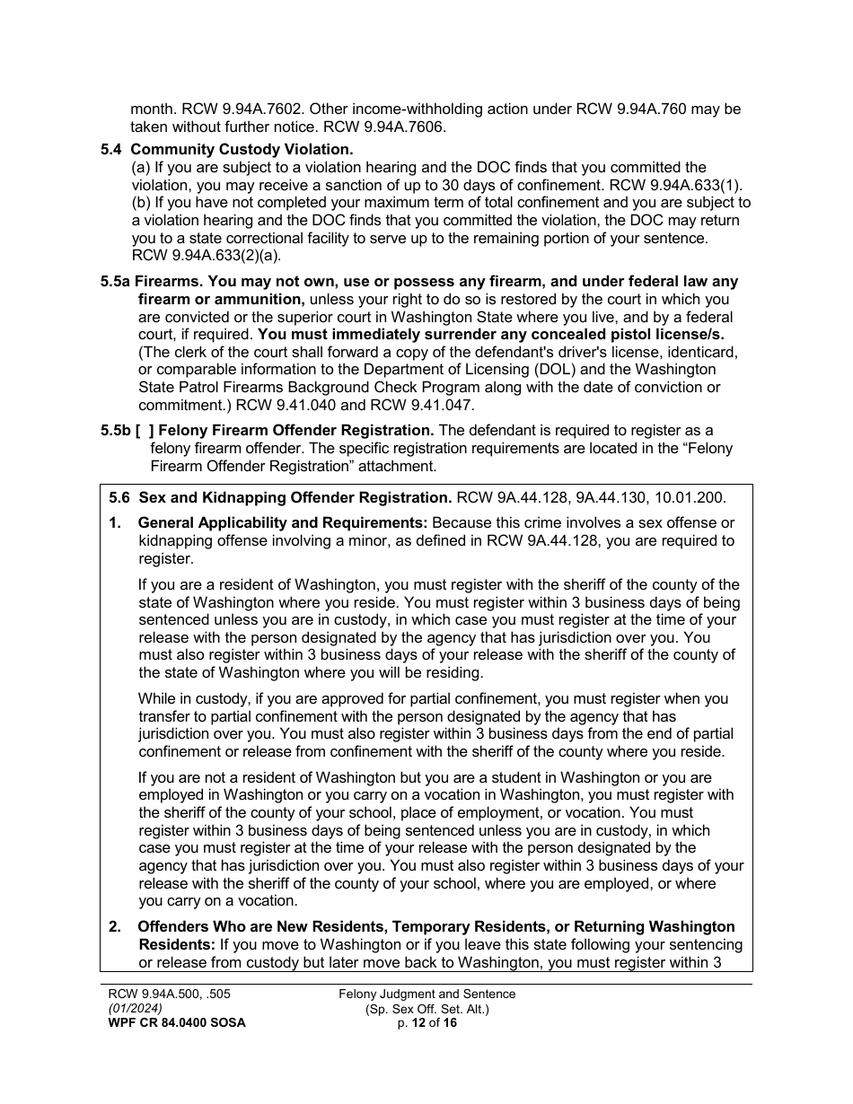 Form WPF CR84.0400 SOSA Felony Judgment and Sentence - Special Sex Offender Sentencing Alternative - Washington, Page 12