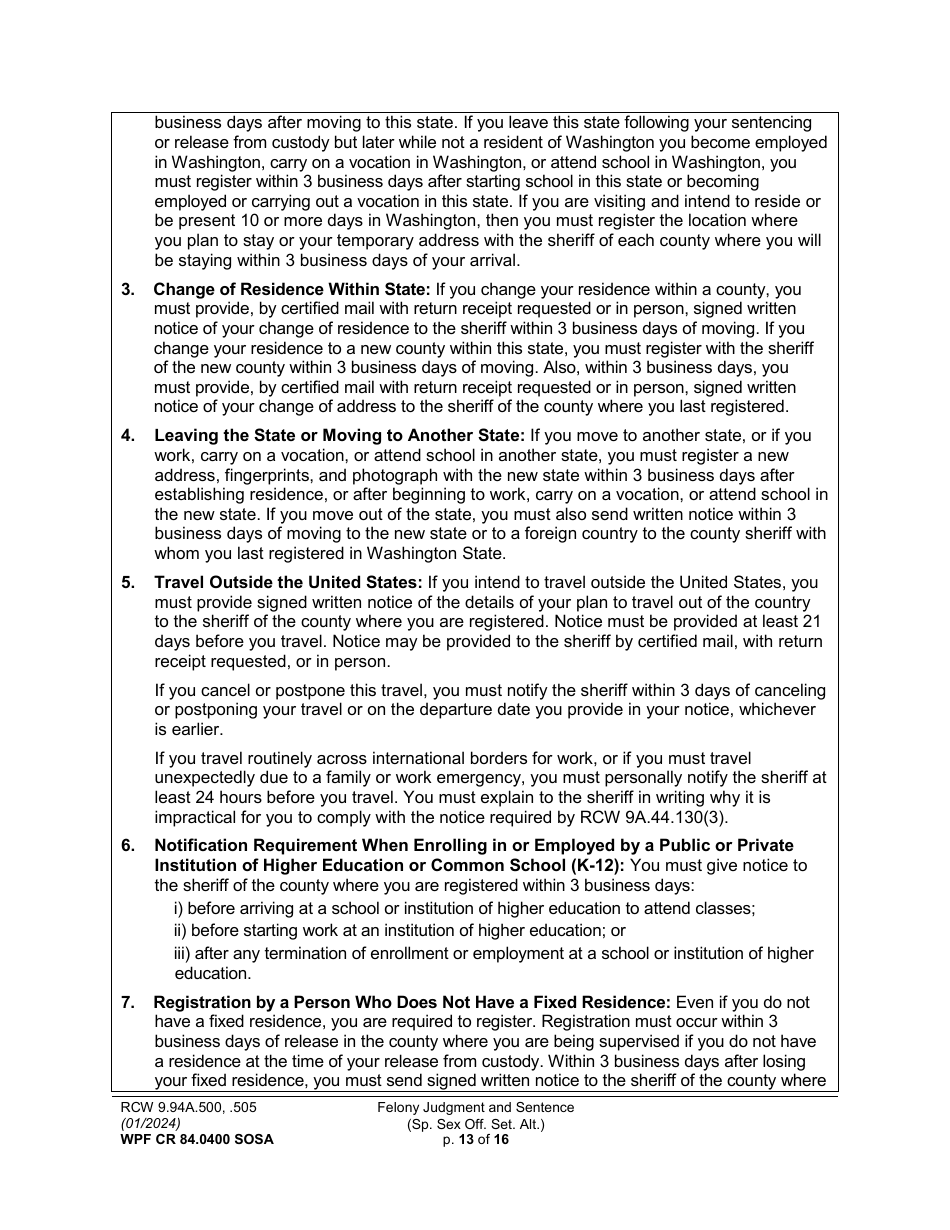 Form WPF CR84.0400 SOSA Felony Judgment and Sentence - Special Sex Offender Sentencing Alternative - Washington, Page 13