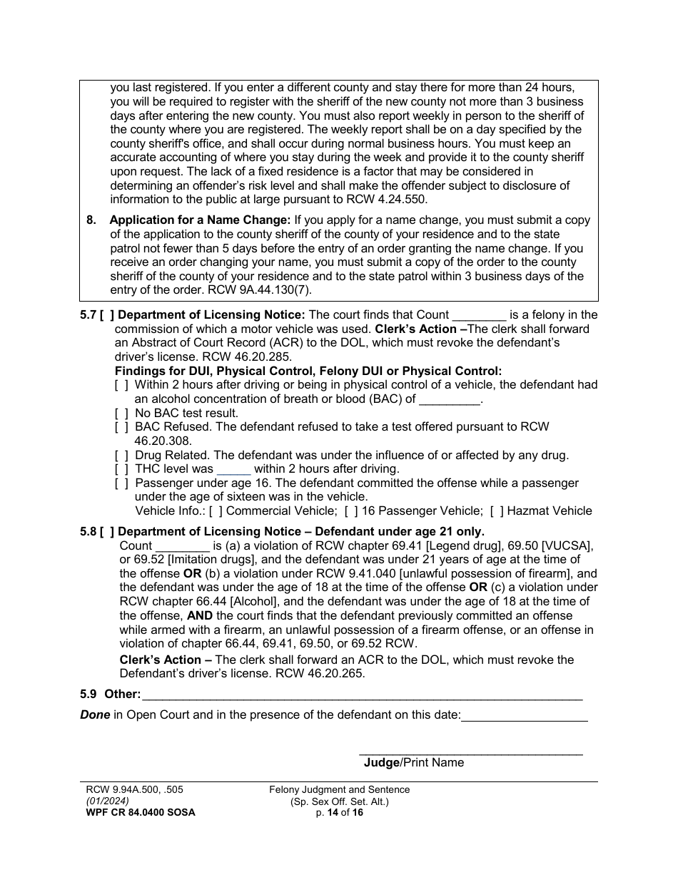 Form WPF CR84.0400 SOSA Felony Judgment and Sentence - Special Sex Offender Sentencing Alternative - Washington, Page 14