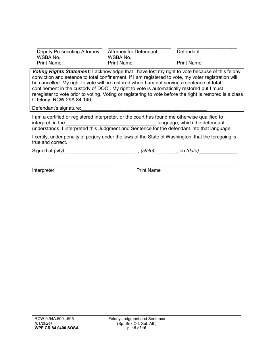 Form WPF CR84.0400 SOSA Felony Judgment and Sentence - Special Sex Offender Sentencing Alternative - Washington, Page 15