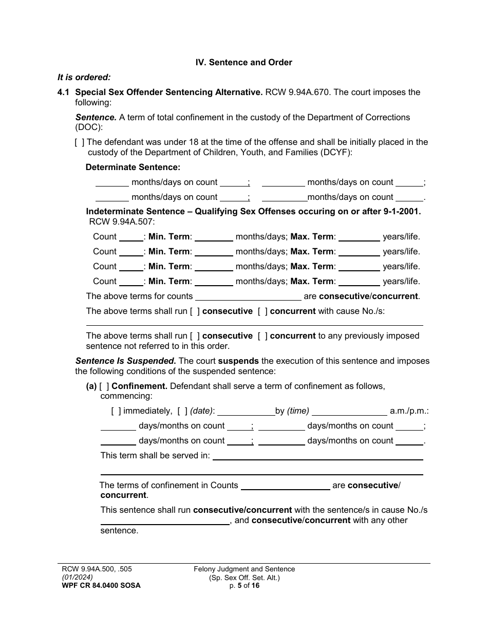 Form WPF CR84.0400 SOSA Felony Judgment and Sentence - Special Sex Offender Sentencing Alternative - Washington, Page 5