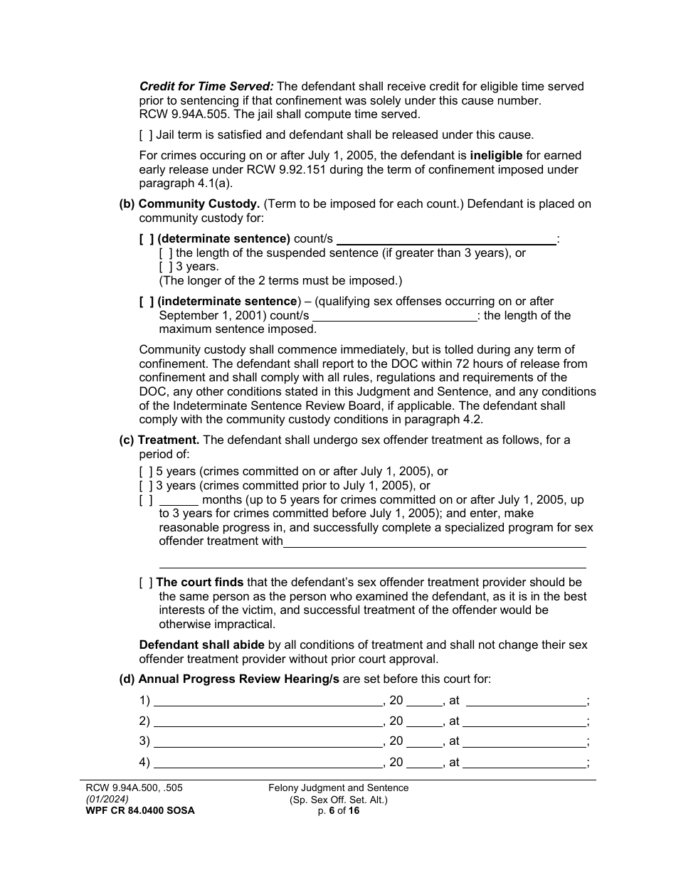 Form WPF CR84.0400 SOSA Felony Judgment and Sentence - Special Sex Offender Sentencing Alternative - Washington, Page 6
