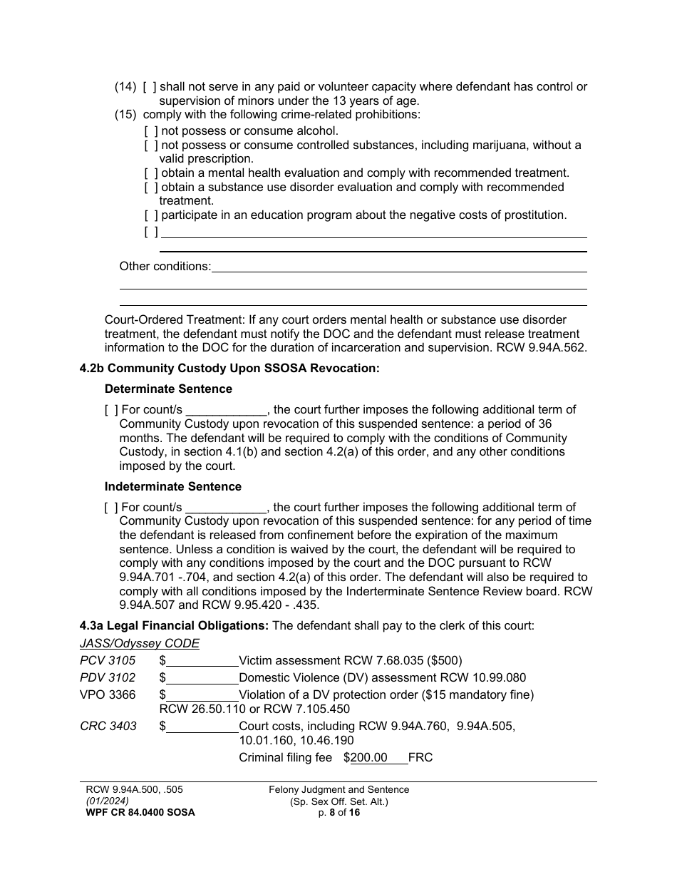 Form WPF CR84.0400 SOSA Felony Judgment and Sentence - Special Sex Offender Sentencing Alternative - Washington, Page 8