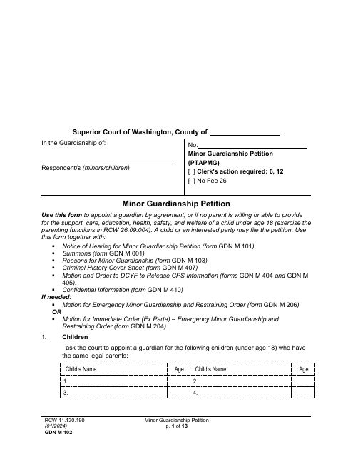 Form GDN M102 Minor Guardianship Petition - Washington