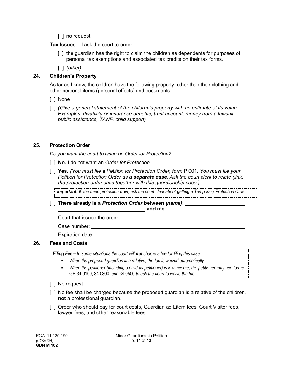 Form GDN M102 Minor Guardianship Petition - Washington, Page 11