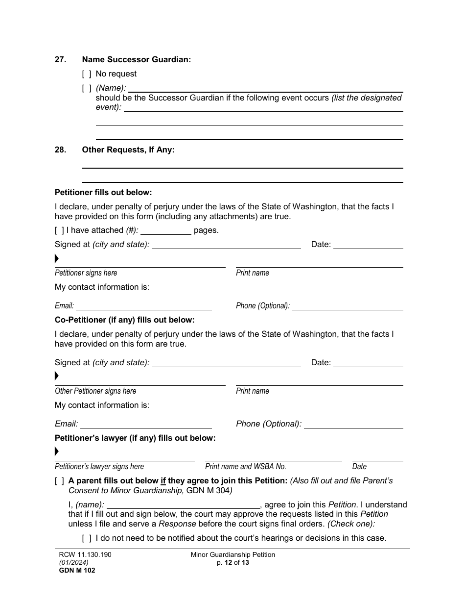 Form GDN M102 Minor Guardianship Petition - Washington, Page 12
