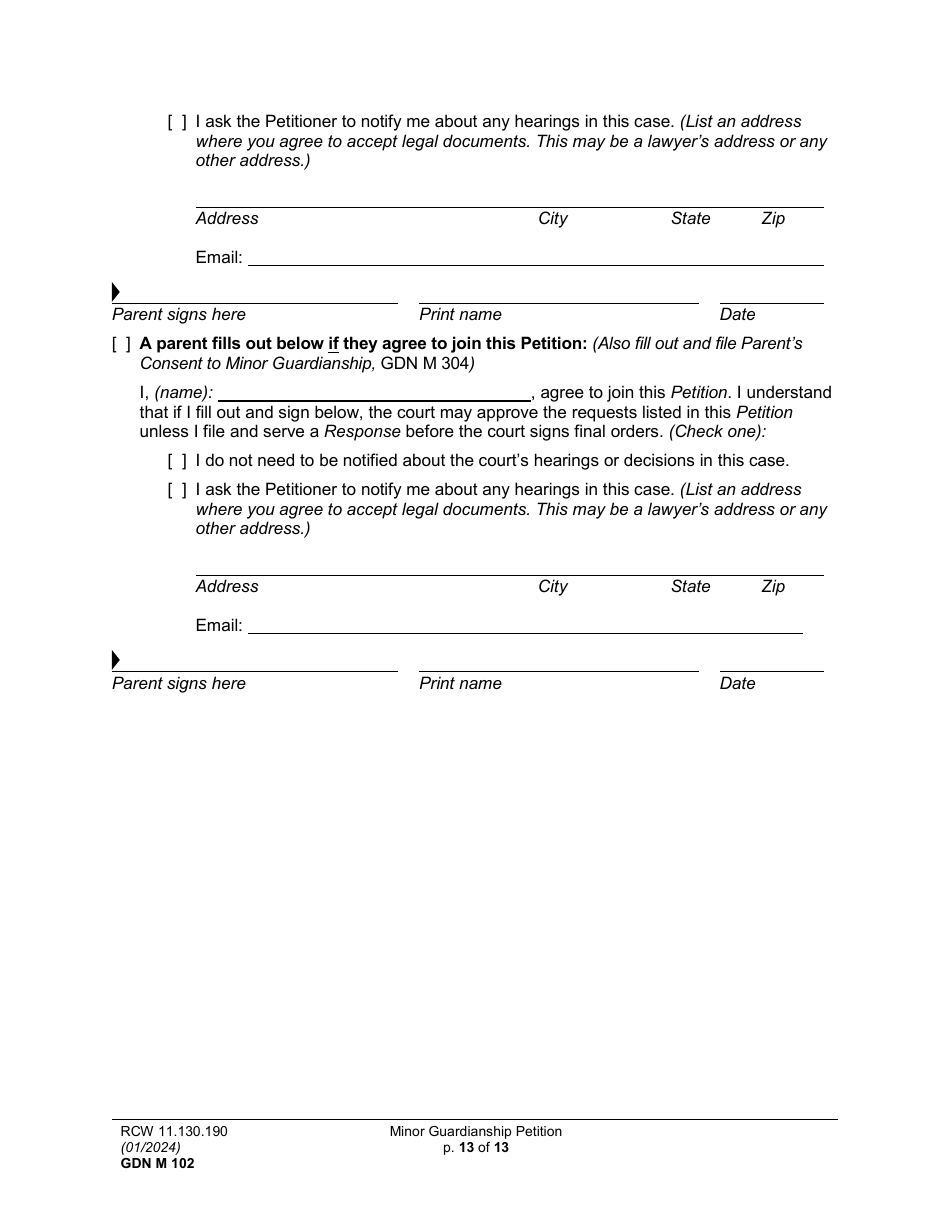 Form GDN M102 Minor Guardianship Petition - Washington, Page 13