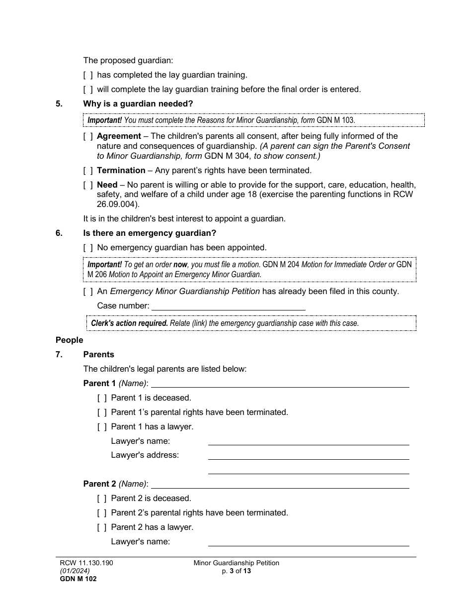 Form GDN M102 Minor Guardianship Petition - Washington, Page 3