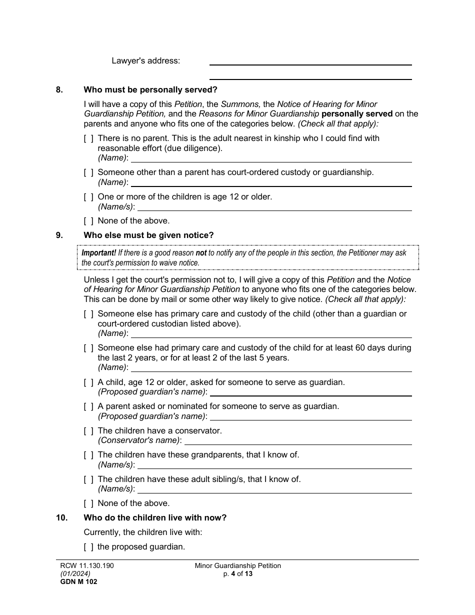 Form GDN M102 Minor Guardianship Petition - Washington, Page 4
