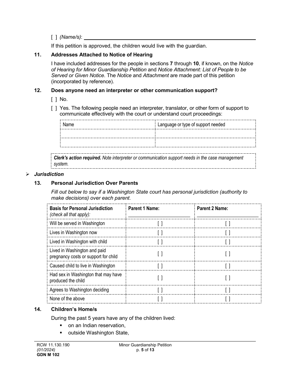 Form GDN M102 Minor Guardianship Petition - Washington, Page 5