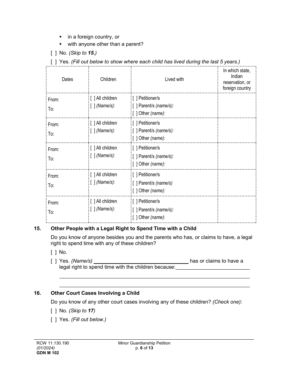 Form GDN M102 Minor Guardianship Petition - Washington, Page 6