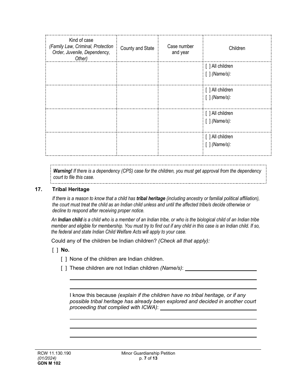 Form GDN M102 Minor Guardianship Petition - Washington, Page 7